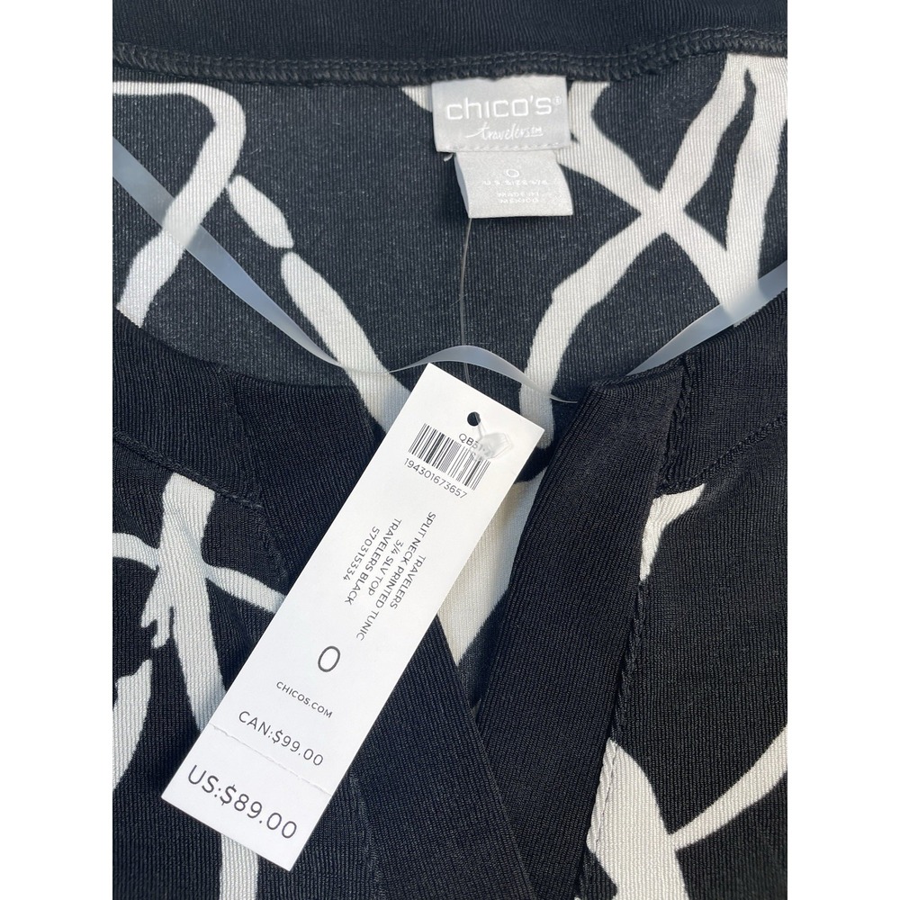 Women's Chicos New With Tags Black And White Top Travelers Split Neck Top 0 - Picture 4 of 8